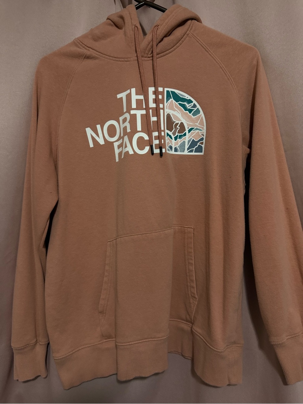 The North Face Woman’s Pullover Hoodie - Pink Samon with Mountain Graphic
